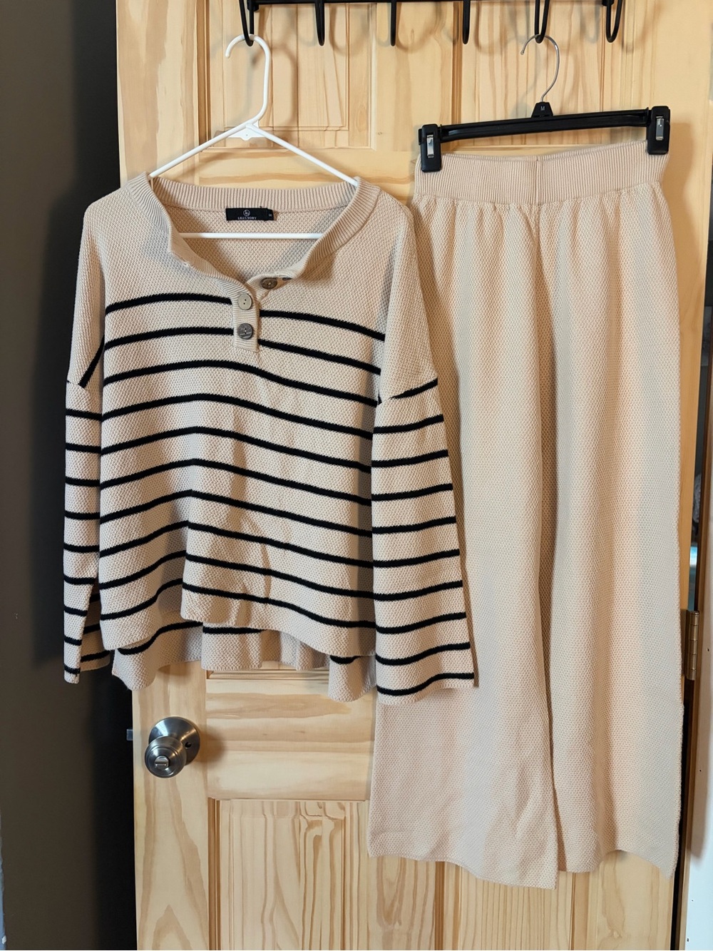 Beige Striped Knit Lounge Set - Wide Leg Pants